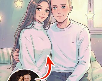 Dibujo de anime personalizado a partir de una foto, retrato de pareja personalizado, la mejor idea de regalo para esposa, esposo, novio o novia en su aniversario.