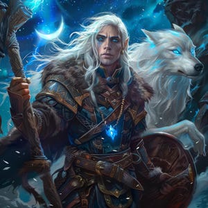 May include: A fantasy illustration featuring a long-haired elf with white hair and blue eyes, wearing dark blue and brown armor with fur trim. The elf holds a wooden staff and a round shield, accompanied by a large white wolf with glowing blue eyes.