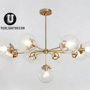Mid Century Modern 9-Globe Chandelier: Handcrafted Brass & Glass Pendant Light