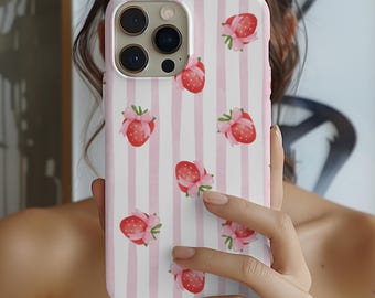 Niedliche Erdbeer Cottagecore iPhone Hülle, Samsung Galaxy Handy Hülle, Rosa Gestreifte Handytasche, Coquette iPhone Hülle, Sommer Samsung Hülle