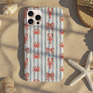 Lobster Coquette iPhone Case, Coastal Phone Case, Beach Aesthetic Case, Nautical Striped Case for iPhone, Maine Lobster, Coquette Bow Case