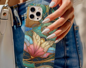 Stained Glass Lily Flower iPhone Case, Gold Floral Phone Case, iPhone gift for her, Lily iPhone Case, Mosaic Phone Case, Pretty iPhone Case