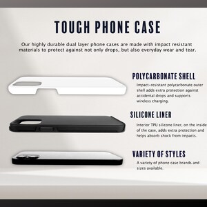 K&ouml;nnte beinhalten: Bild von drei Handyh&uuml;llen: wei&szlig;, schwarz und schwarz-wei&szlig;. Der Text lautet "TOUGH PHONE CASE" und beschreibt die H&uuml;llen als zweischichtig mit sto&szlig;festen Materialien. Merkmale sind eine Polycarbonatschale, ein Silikonfutter und eine Vielzahl von Stilen.