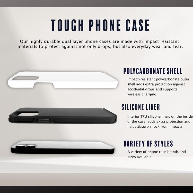K&ouml;nnte beinhalten: Bild von drei Handyh&uuml;llen: wei&szlig;, schwarz und schwarz-wei&szlig;. Der Text lautet "TOUGH PHONE CASE" und beschreibt die H&uuml;llen als zweischichtig mit sto&szlig;festen Materialien. Merkmale sind eine Polycarbonatschale, ein Silikonfutter und eine Vielzahl von Stilen.