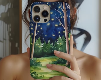 Watercolor Night Forest iPhone Case,  Enchanting Forest phone case, Starry Night iPhone case, Firefly Phone Case, Dark Blue Case for iphone