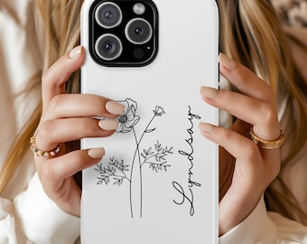 Personalisierte Line Art Geburtsblume iPhone Hülle, Schwarz & Weiß Name Phone Case, Maßgeschneiderte Minimalist Name Samsung Galaxy Hülle