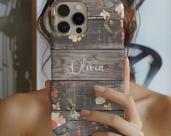 Personalisierte iPhone Hülle, anpassbare Telefonhülle, Boho rustikale Blumen iPhone Hülle, Holzmaserung und Blumen Hülle, iPhone 16 Hülle mit individuellem Namen