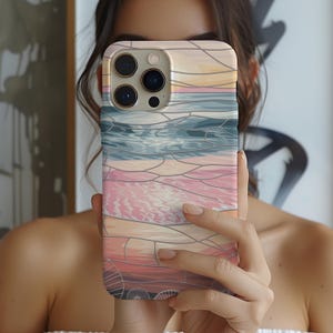 Coque pour iPhone effet vitrail de plage, cadeau pour les amoureux de la plage, coque pour iPhone 16 Pink Sands, coque de portable esthétique plage, coque de portable coucher de soleil