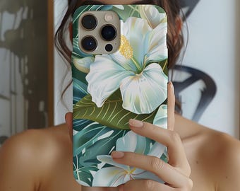Funda para iPhone con hibisco tropical, funda hawaiana para iPhone, funda floral para iPhone, funda de verano para iPhone, funda de flores blancas para iPhone, funda para iPhone 16