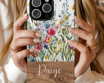 Personalisierte Wildblumen iPhone Hülle, Benutzerdefinierte Name Handyhülle, Blumen Pflanzen Hülle für iPhone, maßgeschneiderte Blumen iPhone 16 Hülle, Robuste Hülle