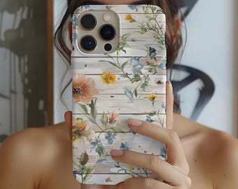 Funda rústica bohemia para iPhone, funda floral para iPhone, funda moderna con vetas de madera, funda floral para iPhone 15, funda cottagecore para iPhone 16, regalo para iPhone