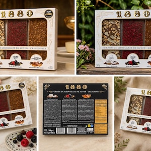 May include: A gift box of gourmet turrón chocolate bars. The box features three rectangular bars with different toppings: coconut, red sprinkles, and nuts. The box is labeled "1880" and "TURRON DE CHOCOLATE DE AUTOR - CREACIONES".