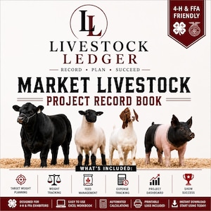 Puede incluir: Un libro de registro de proyectos de ganado Livestock Ledger con texto y gráficos. Muestra un novillo negro, una oveja, una cabra y un cerdo. Los iconos representan el seguimiento de peso, alimentación y gastos. Incluye marca 4-H y FFA.