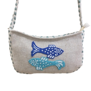 Bolso bandolera de algodón con diseño de peces, bolso con pececitos, bolso con cuentas de colores, bolso bordado, bolso de mano
