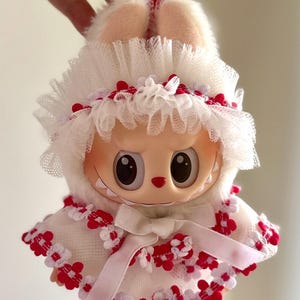 Lullabloom Dress for Labubu / Handmade Doll Outfit – Vintage White & Red Lace Cloak with Bonnet