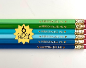 6 Personalized Foil Stamped Pencils – Blues and Greens No.2 – Name or Message – Custom Pencils - Teacher Gift, Party Favor, Office Supplies