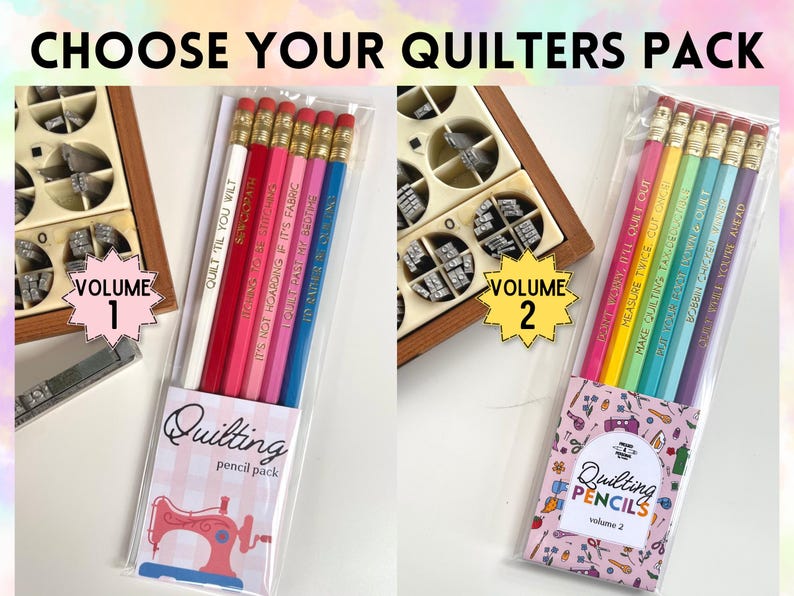 May include: Two sets of pencils labeled Volume 1 and Volume 2, each in clear plastic packaging. Volume 1 contains six pencils in white, red, pink, and blue with text. Volume 2 contains six rainbow-colored pencils with text and a patterned label.