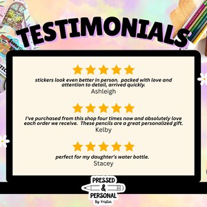 May include: A digital display with the word "TESTIMONIALS" in large black letters. The display shows customer reviews with star ratings. The background is a pastel mix of purple, pink, and white, with stickers, pencils, and stamps.