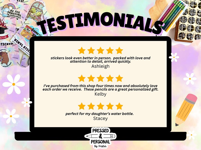 May include: A digital display with the word "TESTIMONIALS" in large black letters. The display shows customer reviews with star ratings. The background is a pastel mix of purple, pink, and white, with stickers, pencils, and stamps.