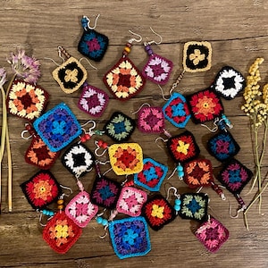 Small Handmade Granny Square Crochet Earrings – Lightweight Boho Jewelry with Beads