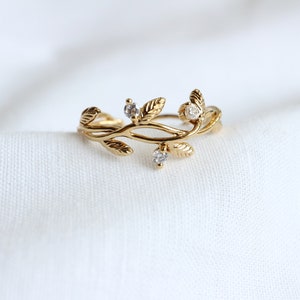 Dainty Vines Ring, Olive Ring, Gold Leaf Branch Ring with Cubic Zirconia, Branch Ring, CZ Ring