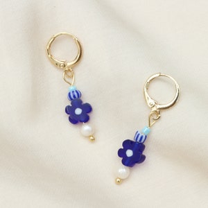 Flower Drop Earrings, Blue Millefiori Flower Earrings, Pearl Drop Earrings, Dainty Flower Earrings