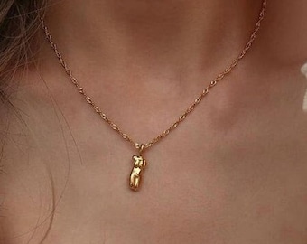 Mini Female Body Necklace, 18k Gold Plated Female Body Charm, Aphrodite Gold Necklace, Gold Chain Layering Necklace