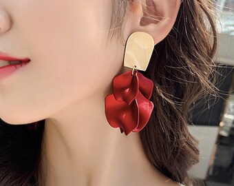 Red Velvet Rose Petal Earrings, Dangling Statement Earrings, Petal Drop Earrings, Flower Earrings, Gift For Her