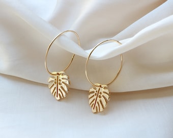 Monstera Leaf Earrings, Dangle Palm Leaf Earrings, Botanical Earrings, Gold Leaf Hoop Earrings