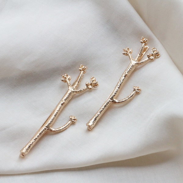 Gold Twigs Bobby Pins Set Of 2, Gold Tree Branch Bobby Pin, Bridal Hair Accessories, Nature Woodland Wedding