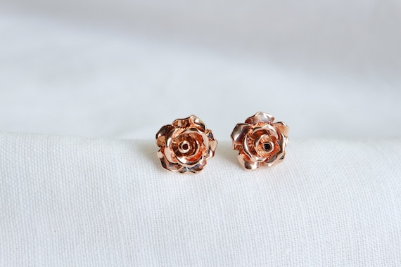 Rose Gold Hibiscus Blossom Tiny Stud Earrings 14k Rose gold Dainty Earrings