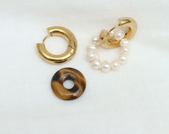 Pearl And Tiger Eye Hoop Earrings, Mismatched Pearl Earrings, Pearl Hoop Earrings, Gemstone Donut Hoop Earrings
