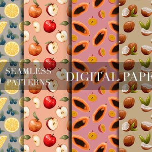May include: A digital paper pack with six seamless patterns. The designs feature oranges, lemons, blueberries, apples, papaya, coconuts, and cherries. The text "6 SEAMLESS PATTERNS DIGITAL PAPER PACK" is displayed.