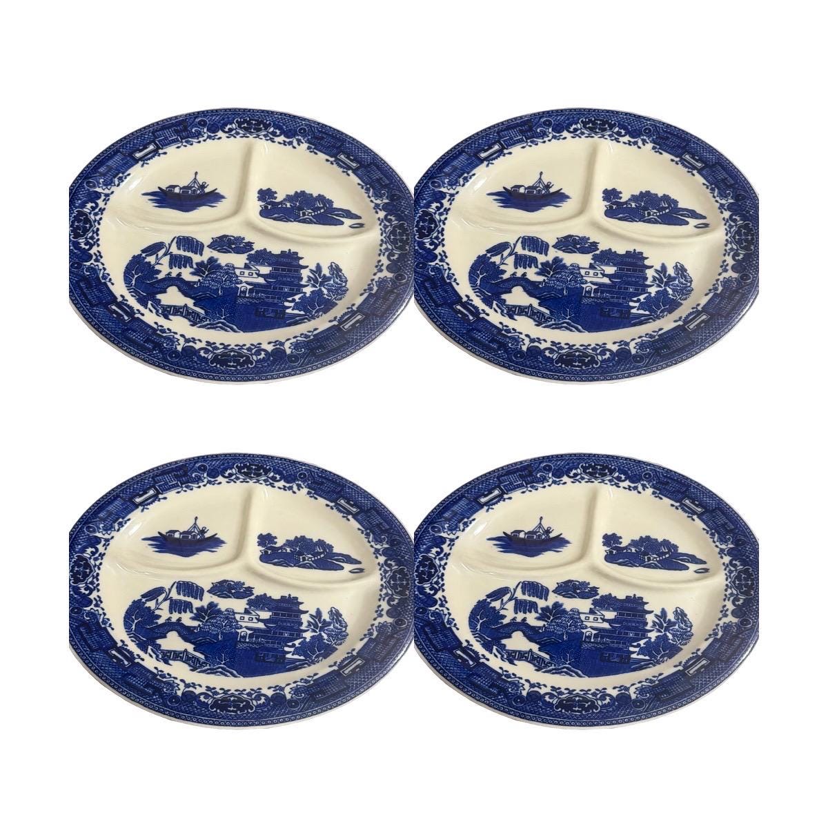 Set of Four Blue Willow McNicol China Restaurant Ware Divided Grill Plates | 10.5" Vintage