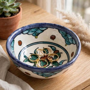Vintage Hand Painted Jerusalem Pottery Bowl - Small Floral Trinket Dish