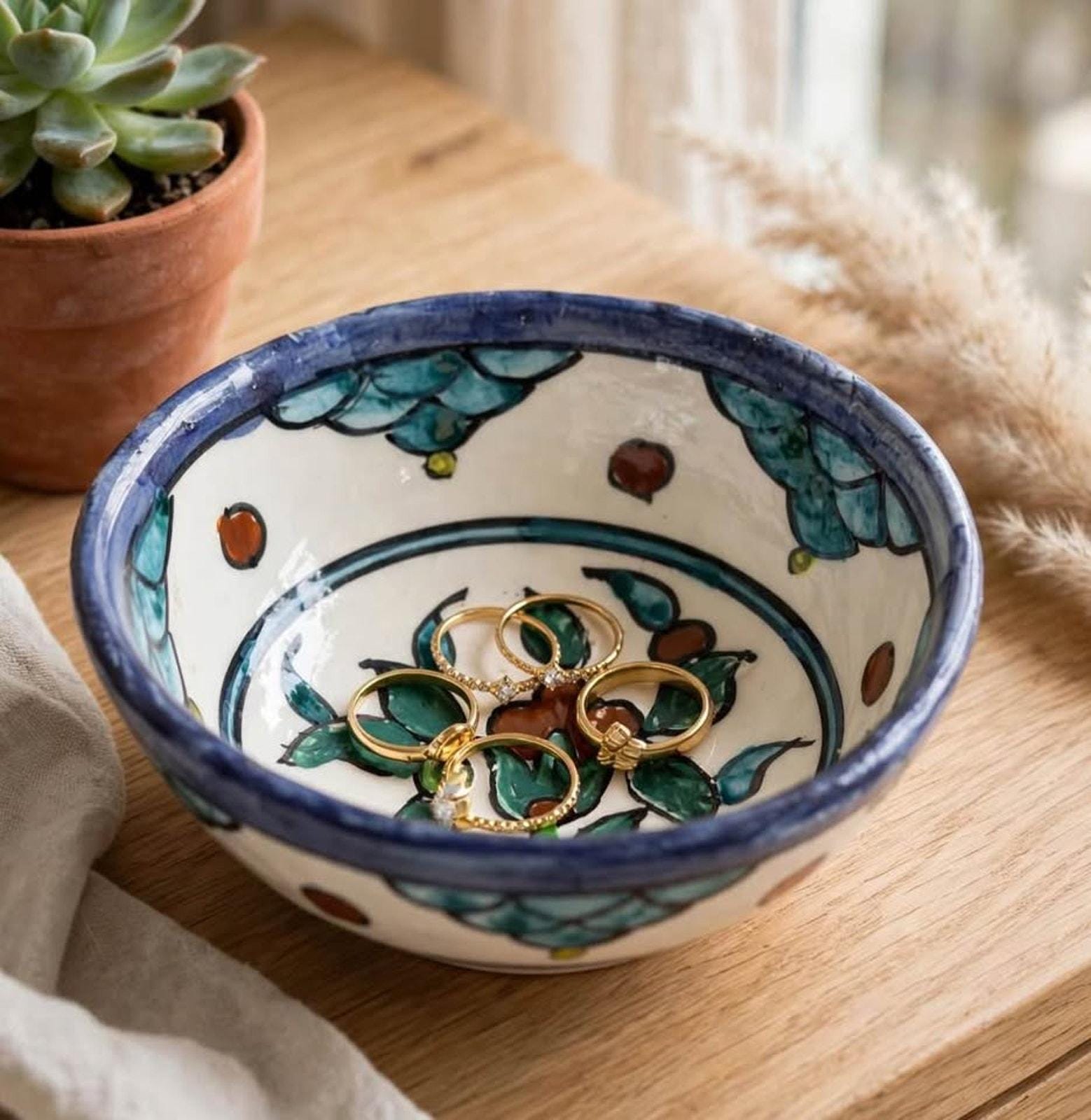 Vintage Hand Painted Jerusalem Pottery Bowl – Small Floral Trinket Dish