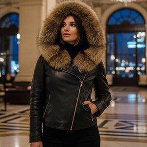Handmade Women&#39;s High Quality Genuine Lambskin Black Jacket With Real Fox Fur, winter coat, luxury leather, perfect gift for her