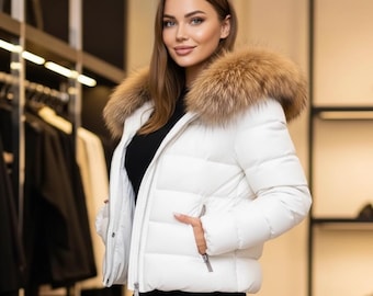 Veste en cuir matelassée pour femme, couleur blanche, manteau matelassé pour femme avec fourrure de renard véritable