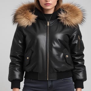 Bikerjacke aus Lammleder mit Pelzkragen : 80er Jahre Vintage Style Damen Bomberjacke