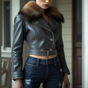 Handmade Women&#39;s Genuine Sheepskin leather Jacket With Genuine Fox fur, perfect gift,  crystal fur , Lammleder Jacken , Luxurious jacket