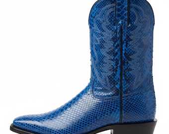 Bottes de cowboy en python bleu, bottes western exotiques en peau de serpent pour hommes