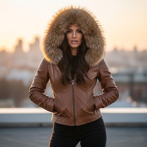Luxury leather jacket with fox fur / women coat/ winter jacket