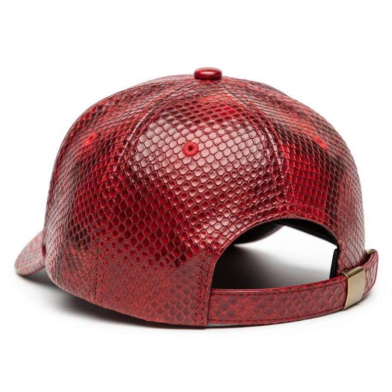 Peut inclure: Casquette de baseball rouge avec un motif peau de serpent. La casquette a une visi&egrave;re incurv&eacute;e, un bouton sur le dessus et une sangle r&eacute;glable avec une boucle dor&eacute;e. Fabriqu&eacute;e dans un mat&eacute;riau textur&eacute;.