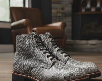 Gray Snakeskin Print Derby Boots: Handmade Cowhide Leather