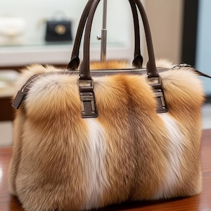 May include: A rectangular handbag with a fur exterior in shades of brown, tan, and white. The bag features brown leather handles and trim, a zip closure, and metal hardware. The bag is sitting on a wooden surface.