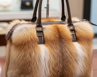Bolsa de ombro de pele de raposa genuína: bolsa grande feita à mão