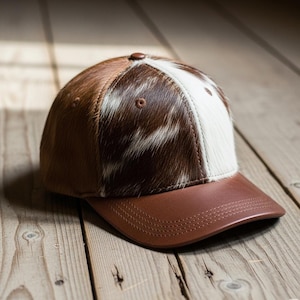 May include: A brown and white cowhide baseball cap with a brown leather bill. The cap features a button on top and is set against a wooden background. The cap's design includes a white stripe down the center.
