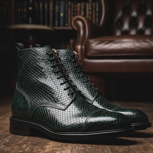 May include: A pair of green leather boots with a snakeskin pattern. The boots have black laces and a low heel. The boots are displayed on a wooden surface.
