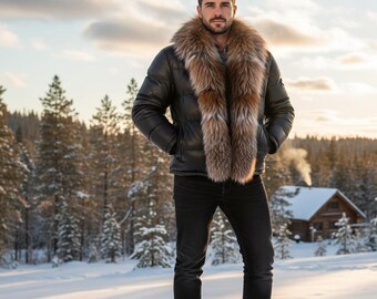 フォックスファーカラーのホワイトレザージャケット - メンズ