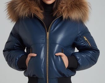 Jaqueta de couro de cordeiro estilo motociclista com gola de pele de raposa/Estilo Western Vintage